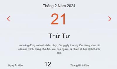 Lịch âm 21/2 - Âm lịch hôm nay 21/2 nhanh và chính xác - lịch vạn niên 21/2/2024