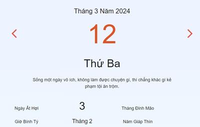 Lịch âm 12/3 - Âm lịch hôm nay 12/3 nhanh và chính xác - lịch vạn niên 12/3/2024