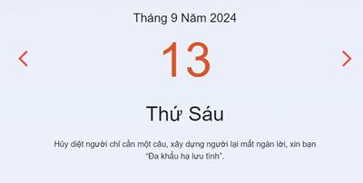 Lịch âm 13/9 - Âm lịch hôm nay 13 tháng 9 năm 2024 chính xác nhất - lịch vạn niên 13/9/2024