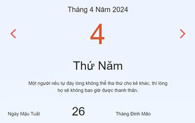 Lịch âm 4/4 - Âm lịch hôm nay 4/4 nhanh và chính xác - lịch vạn niên 4/4/2024