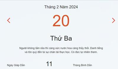 Lịch âm 20/2 - Âm lịch hôm nay 20/2 nhanh và chính xác - lịch vạn niên 20/2/2024