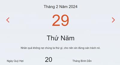 Lịch âm 29/2 - Âm lịch hôm nay 29/2 nhanh và chính xác - lịch vạn niên 29/2/2024