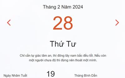 Lịch âm 28/2 - Âm lịch hôm nay 28/2 nhanh và chính xác - lịch vạn niên 28/2/2024