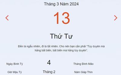 Lịch âm 13/3 - Âm lịch hôm nay 13/3 nhanh và chính xác - lịch vạn niên 13/3/2024