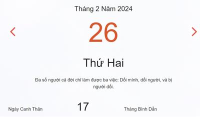 Lịch âm 26/2 - Âm lịch hôm nay 26/2 nhanh và chính xác - lịch vạn niên 26/2/2024