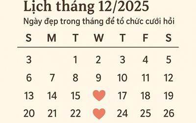 Lịch tháng 12/2025: Ngày đẹp trong tháng để tổ chức cưới hỏi