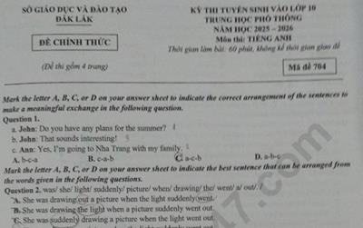 Đề thi và đáp án vào lớp 10 năm 2025 môn Tiếng Anh tại Đắk Lắk