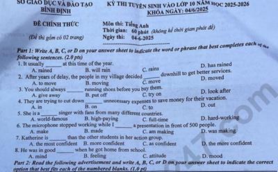 Đề thi và đáp án vào lớp 10 năm 2025 môn Tiếng Anh tại Bình Định