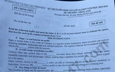 Đề thi và đáp án vào lớp 10 năm 2025 môn tiếng Anh tại Vĩnh Phúc