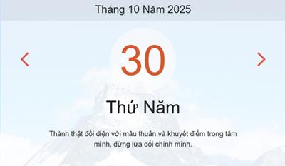 Lịch âm 30/10 - Âm lịch hôm nay 30/10 chính xác nhất - lịch vạn niên ngày 30/10/2025