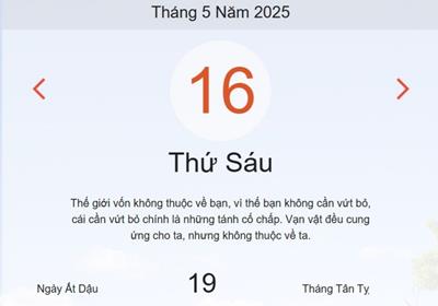 Lịch âm 16/5 - Âm lịch hôm nay 16/5 chính xác nhất - lịch vạn niên ngày 16/5/2025