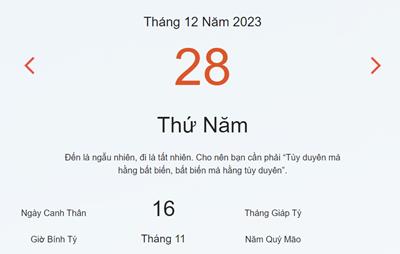 Lịch âm 28/12 - Âm lịch hôm nay 28/12 nhanh và chính xác - lịch vạn niên 28/12/2023