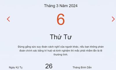 Lịch âm 6/3 - Âm lịch hôm nay 6/3 nhanh và chính xác - lịch vạn niên 6/3/2024