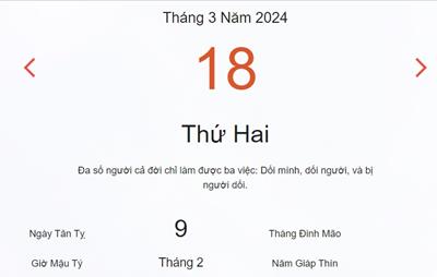 Lịch âm 18/3 - Âm lịch hôm nay 18/3 nhanh và chính xác - lịch vạn niên 18/3/2024