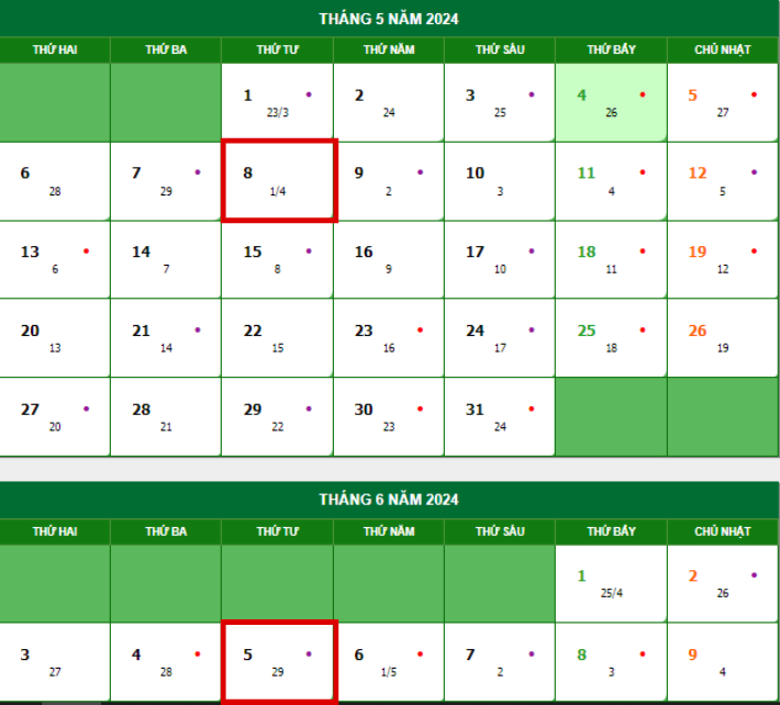 Lịch âm tháng 4 năm 2024 chính xác nhất