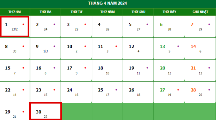 Lịch âm tháng 4 năm 2024 chính xác nhất