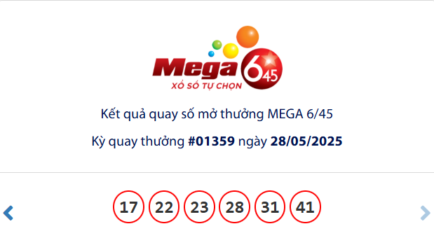 Vietlott 28/5/2025 - Kết quả xổ số Vietlott Mega 6/45 ngày 28/5/2025 641583
