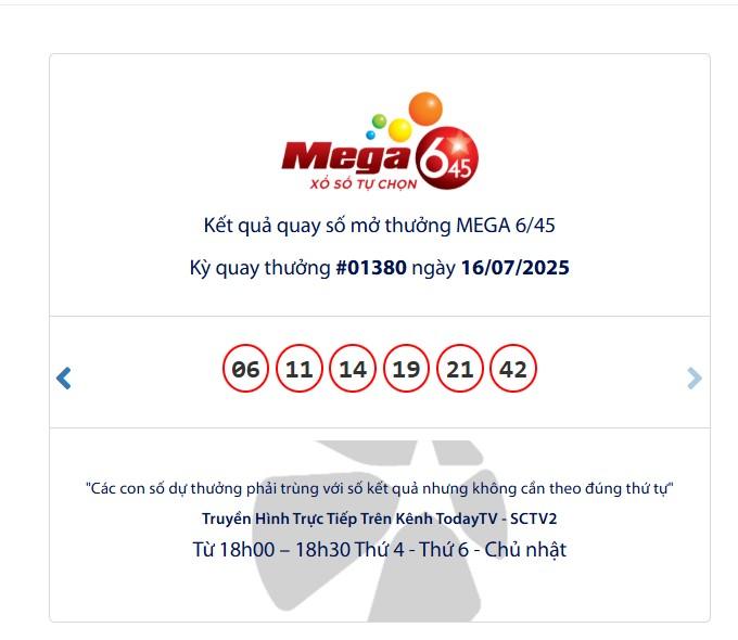 Vietlott 16/7/2025 - Kết quả xổ số Vietlott Mega 6/45 ngày 16/7/2025 666604