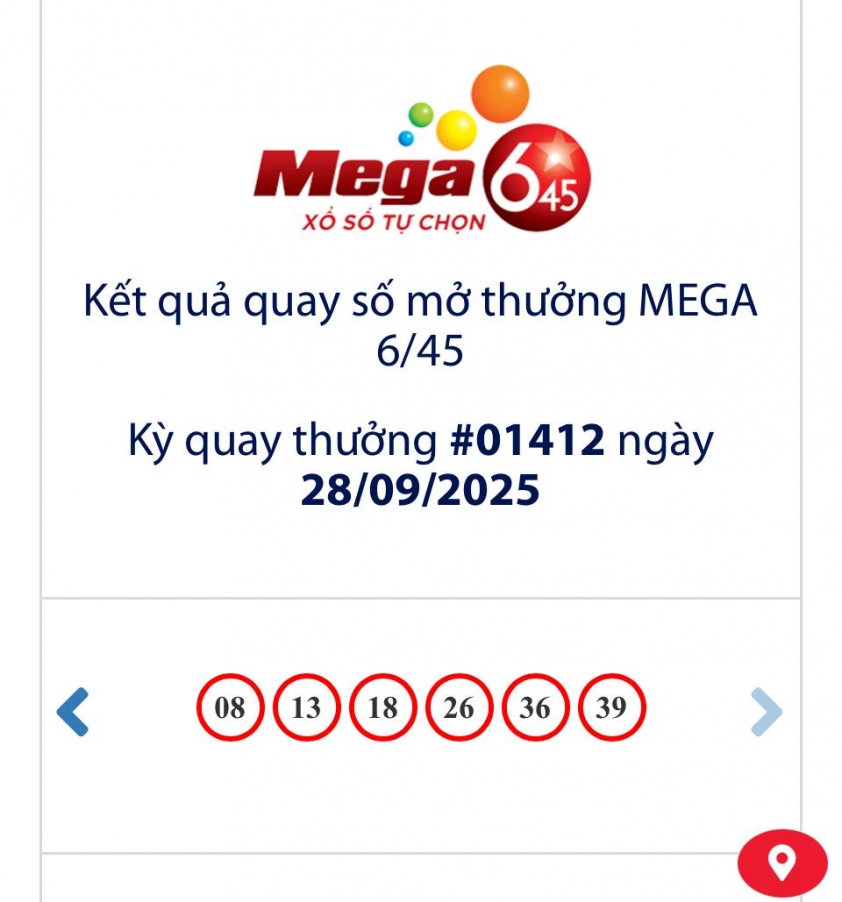 Vietlott 28/9/2025 - Kết quả xổ số Vietlott Mega 6/45 ngày 28/9/2025 712624