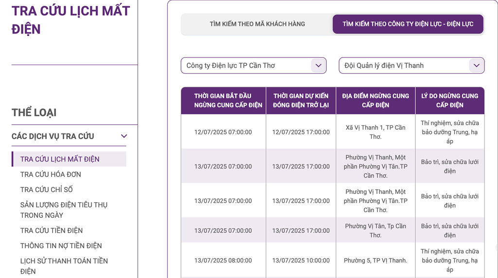 Lịch cắt điện Cần Thơ cập nhật tại website của Điện lực miền Nam.