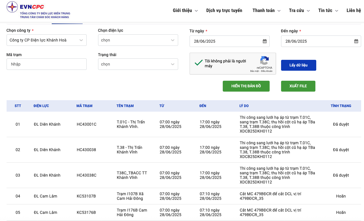 Lịch cắt điện Khánh Hòa ngày mai 28/6 trên website của EVNCPC cập nhật ngày 27/6.
