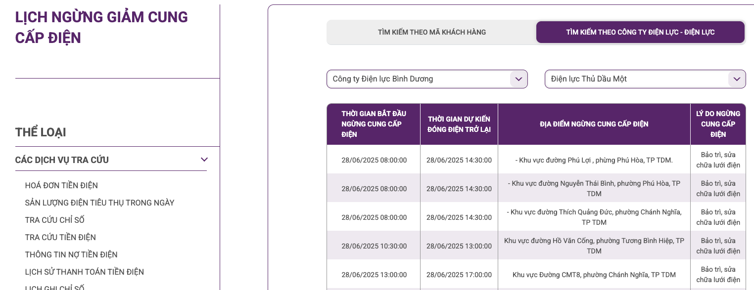 Thông tin cung cấp điện Bình Dương ngày 28/6 cập nhật ngày 27/6 tại www.cskh.evnspc.vn