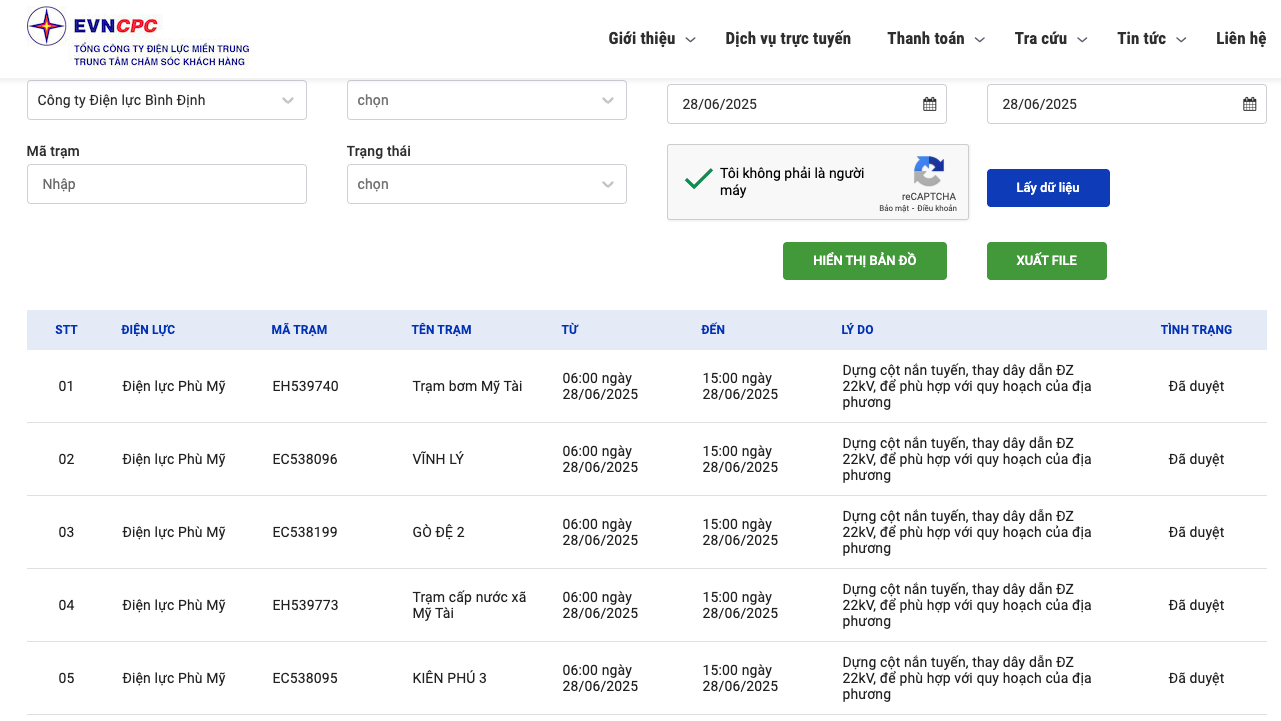 Lịch cắt điện Bình Định ngày mai 28/6 cập nhật ngày 27/6 tại website của EVNCPC.