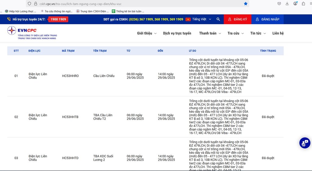 Lịch tạm ngừng cung cấp điện Đà Nẵng ngày mai 29/6 cập nhật ngày 28/6 trên website của Điện lực Đà Nẵng.