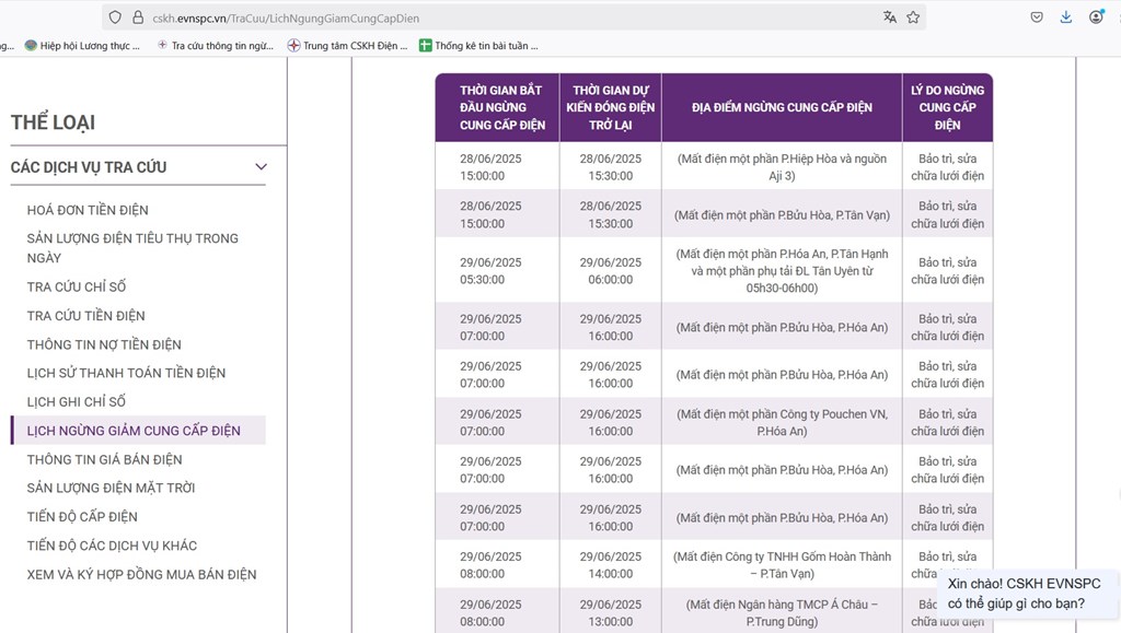 Lịch ngừng cấp điện trên địa bàn Đồng Nai ngày mai 29/6 được cập nhật ngày 28/6 tại website của EVNSPC.