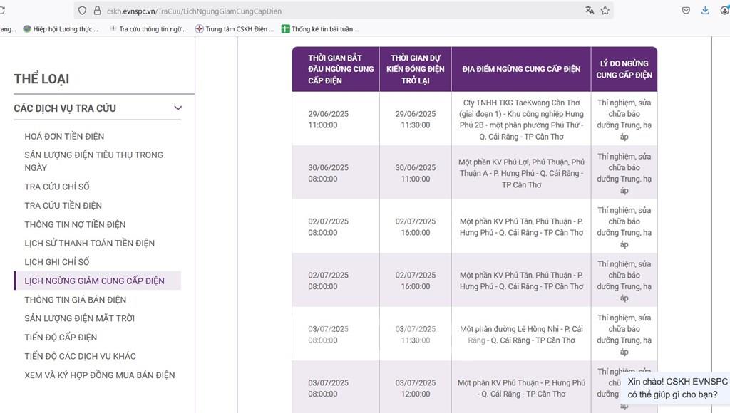 Lịch ngừng cấp điện tại Cần Thơ ngày mai 29/6 được cập nhật ngày 28/6 tại website của EVNSPC.